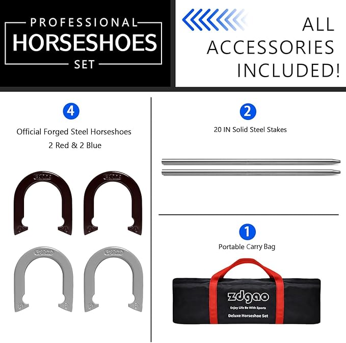Horseshoes Outside Game Set-Portable Outdoor Horseshoe Set Includes 4 Professional Solid Steel Horseshoes with Solid Steel Stakes & Carrying Bag, Perfect for Backyard and Beach
