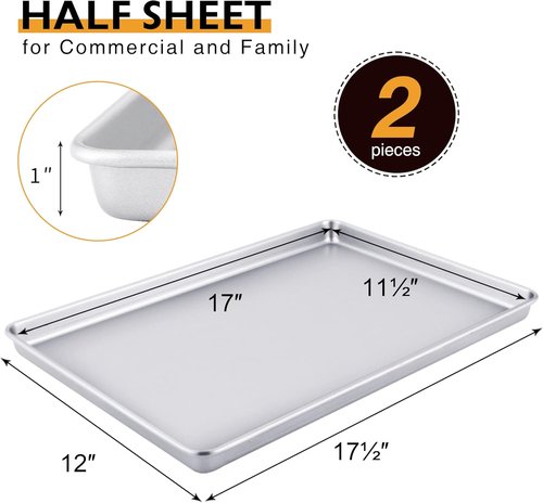 HONGBAKE Half Baking Sheet Pan Set - Nonstick Heavy-Duty Cookie Trays | Dishwasher Safe, Silver, 2-Pack