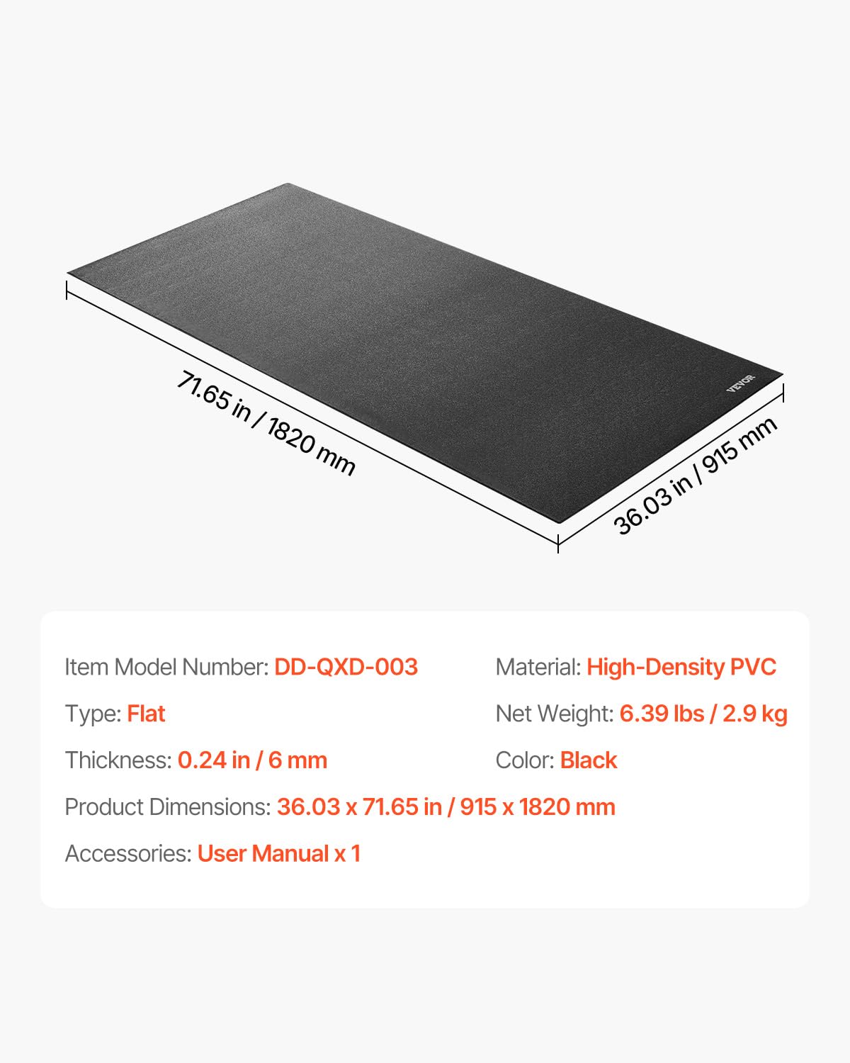 VEVOR Treadmill Mat for Carpet Floor, 1/4" Thick, 36" x 72" Exercise Equipment Mat for Treadmills, Elliptical, Rowing Machine, High Density PVC Floor Protector, Waterproof and Non-slip for Home Gym