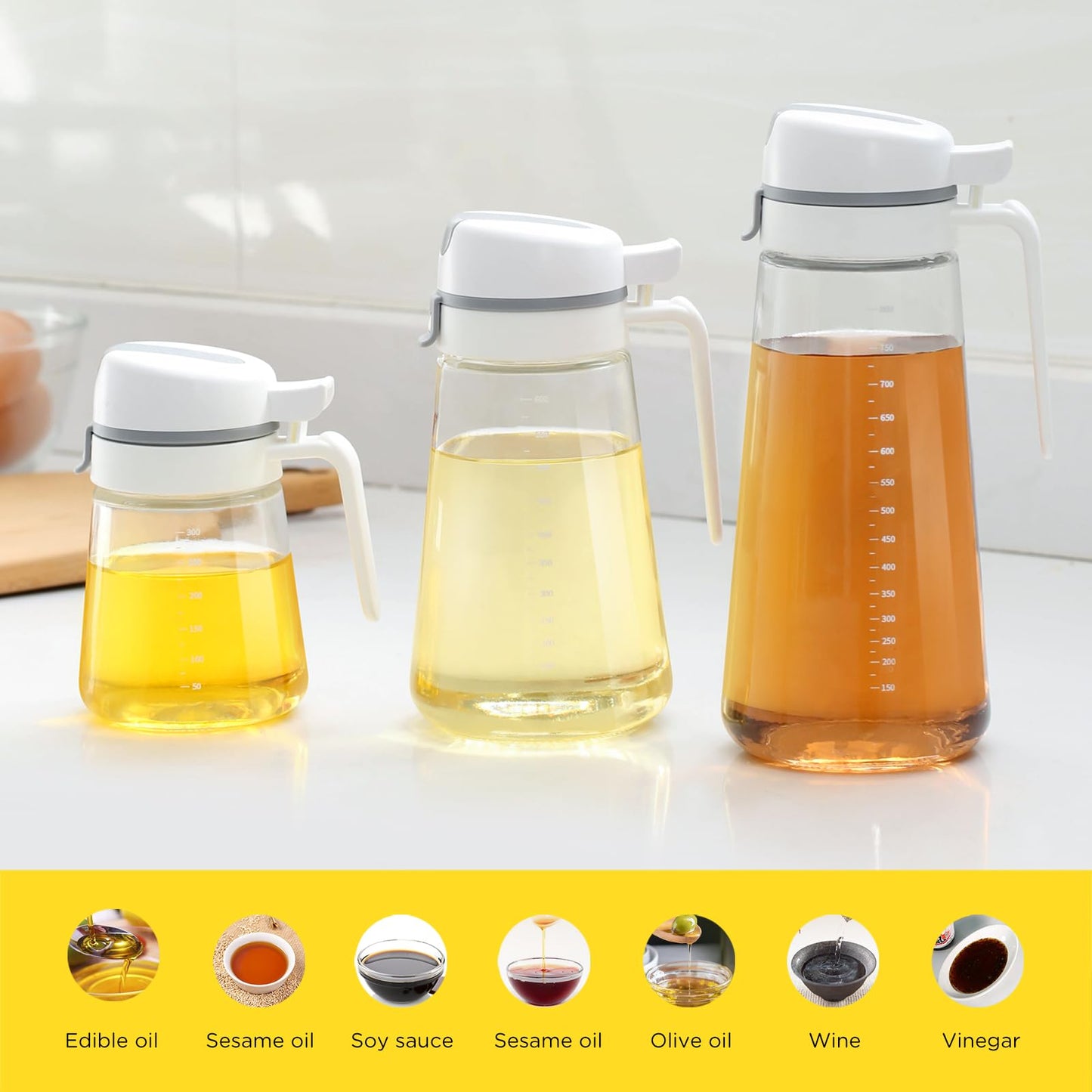 Meterga Auto Flip Glass Olive Oil Dispenser, Clear Glass Bottle with Scale, Dispenser for Kitchen, Olive Oil Cruet | 29oz
