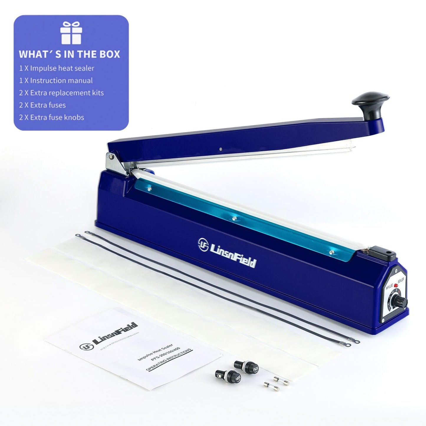LinsnField Sealer Pro - 16 inch Impulse Heat Sealer - 5mm Sealing Width - Manual Heat Sealer Machine for All Bags - Most Heavy Duty for Strong, Secure Sealing for Long Term Food Storage, Deep Blue