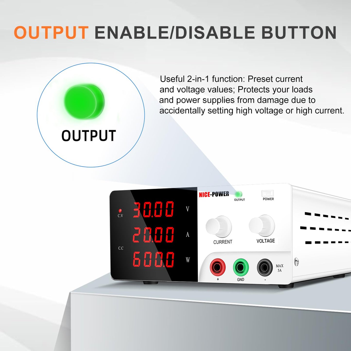NICE-POWER DC Power Supply Variable, 0-30V 0-20A 600W High Power Bench Power Supply with Encoder Knob & Output Switch, Benchtop Adjustable Switching Regulated Power Supplies for Repair/Test(White)