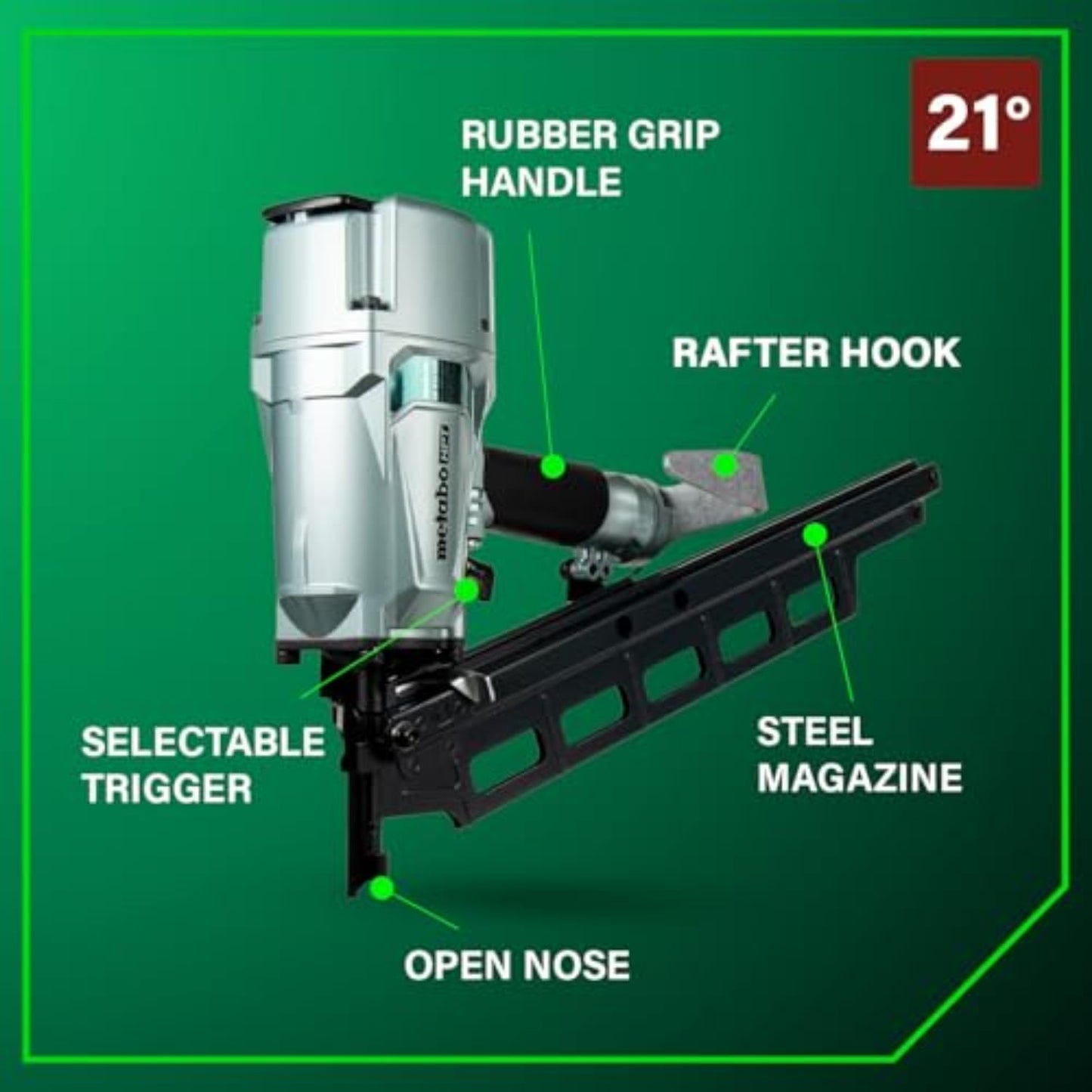 Metabo HPT Framing Nailer, Pro-Preferred Pneumatic Power Nailer & Framing Tool For Flooring, Roof Decking & More, Rapid Response Cylinder Valve, 21° 2" to 3-1/4" Plastic Collated Nails, NR83A5(S)