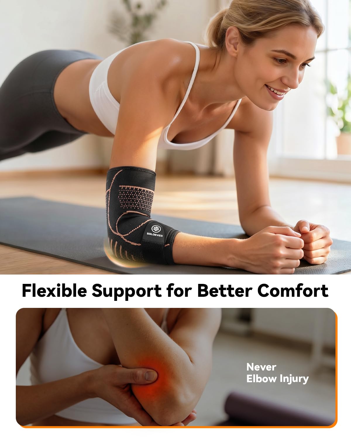 SOLOEVER Copper Elbow Compression Sleeve with Adjustable Strap [Medical-Grade ＆ Targeted Support] Elbow Brace for Tendonitis and Tennis Elbow - Elbow Support for Weightlifting, Golfers, Arthritis, Bursitis - Fit for Men & Women