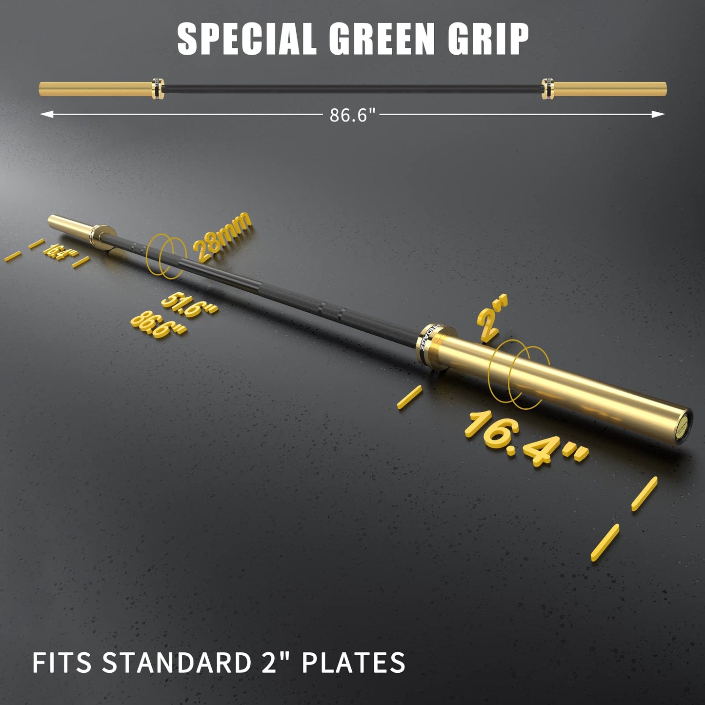 TECHNOAGE 7ft Olympic Barbell 45LB – 1500LB Capacity Weightlifting Bar with Needle Bearings & 28mm Knurled Grip, Powerlifting Strength Bar for Squat Bench Deadlift, Home Gym Olympic Weight Bar,Gold
