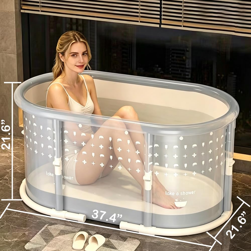 Portable Bath Tub No Installation, Foldable Bathtub for Adults, Separate Hot SPA Tub for Shower Stall, Non-Inflatable Ice Folding Bathubs, Family Soaking Baths (Gray, 37.4×21.6×21.6 inch)
