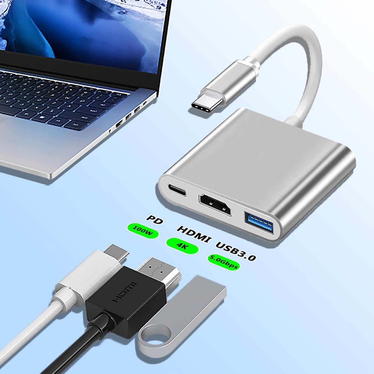 VGE 3-in-1 Usb3.0 4K HD,5.0Gbps 100W USB-C to HDMI Hub, USB C Adapter to Ultra High-Speed Data Transfer, PD Charging