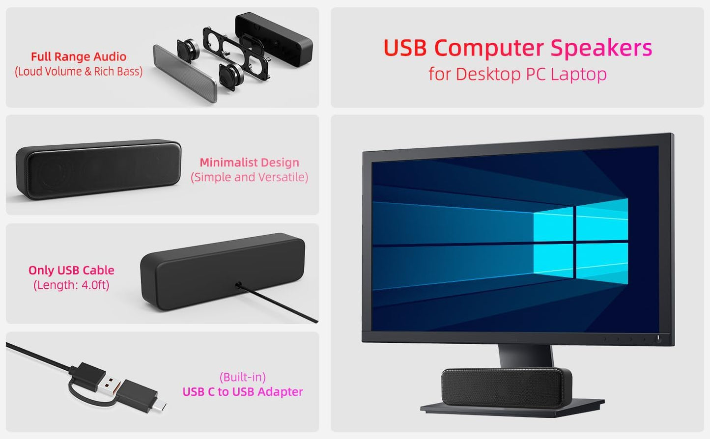 YOFANQI Computer Speakers for Desktop PC, External Speakers for Laptop, Mini Computer Soundbar for PC, Wired USB Plug
