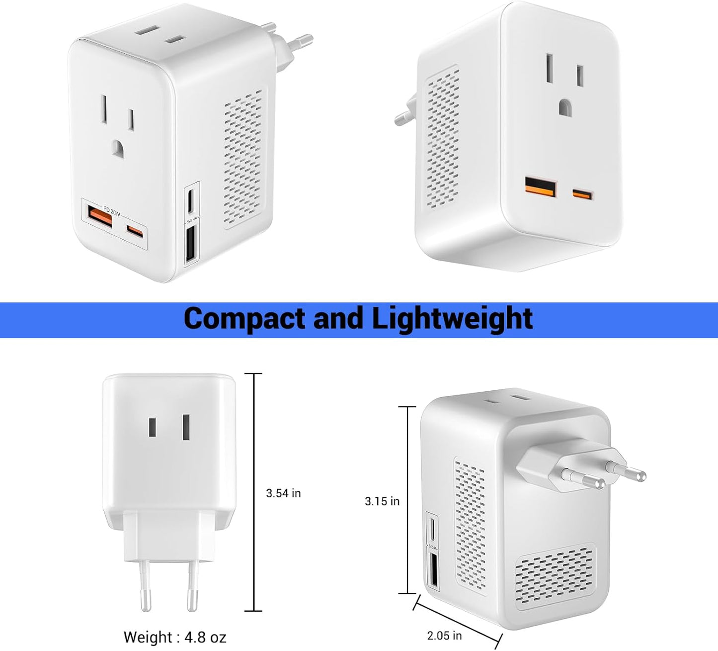 SARQW 220V 110V 2 2 20 2 to Voltage Conversion Plug Adapter for Traveling from USA to Europe with USB and USBC Ports PD