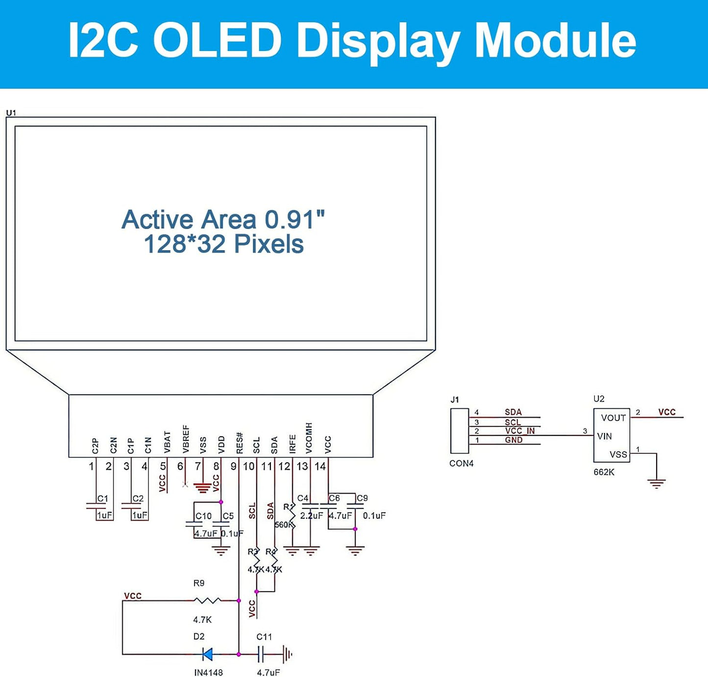 JUZITAO 6PCS I2C 0.91 Inch I2C I2C 3.3V~5V(Blue Display Module OLED Display Module Blue OLED Screen Driver DC Display