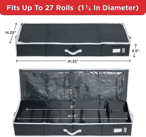 HOLDN' STORAGE Premium Wrapping Paper Storage Container - Durable 600D Tear-Proof Design | Fits 27 Rolls with Extra Pockets for Ribbons & Bows - Ideal Underbed Storage for Holidays, Black/White Trim