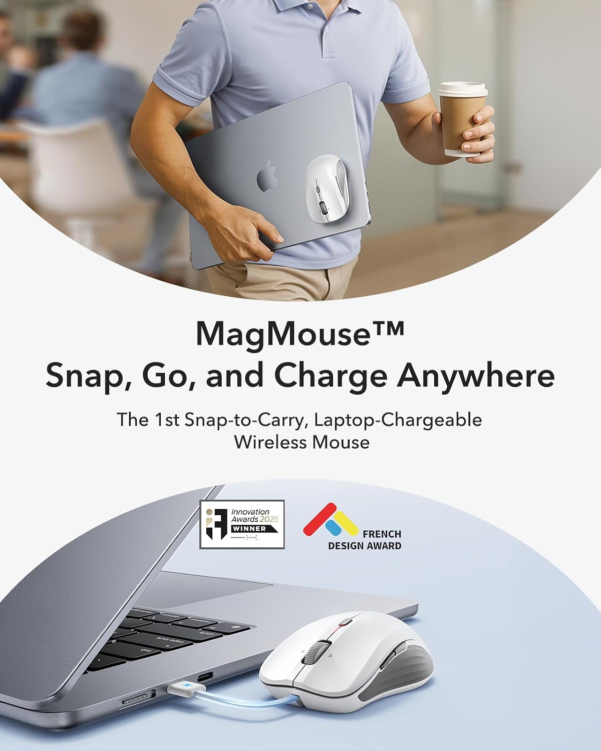 ESR 5.0 2.4 MagMouse Snap-to-Carry Bluetooth Mouse, Rechargeable Wireless Mouse for Laptop with Built-in Charging