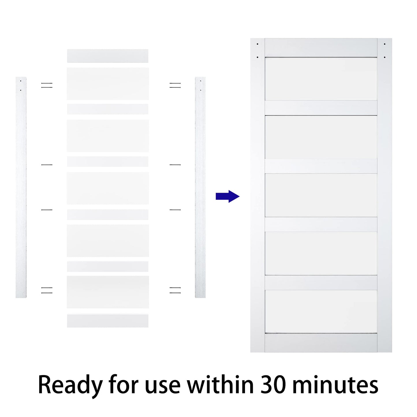 BARNSMITH 36in x 80in 5-Panel Glass Barn Door with 6.6FT Brushed Nickle Sliding Door Hardware Included & Handle, Frosted Glass Solid Wood Water-Proof PVC Surface,Pre-Drilled Easy Assembly,White