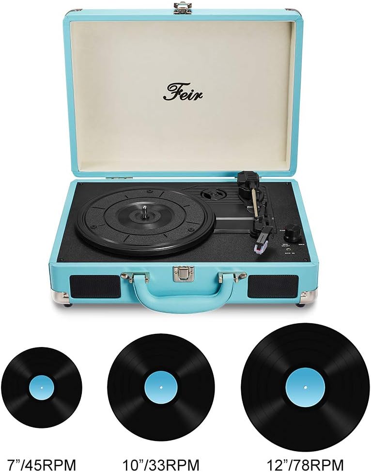 Feir 3 2 Vinyl Stereo Blue Record Player Speed Portable Turntable Suitcase Built in Speakers RCA Line Out AUX Headphone