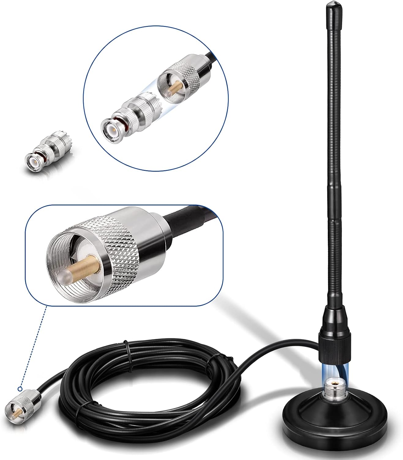 BINGFU 27MHz PL259 CB Radio Antenna Magnetic Base Soft Whip & BNC Male Compatible with Cobra Midland Uniden Maxon