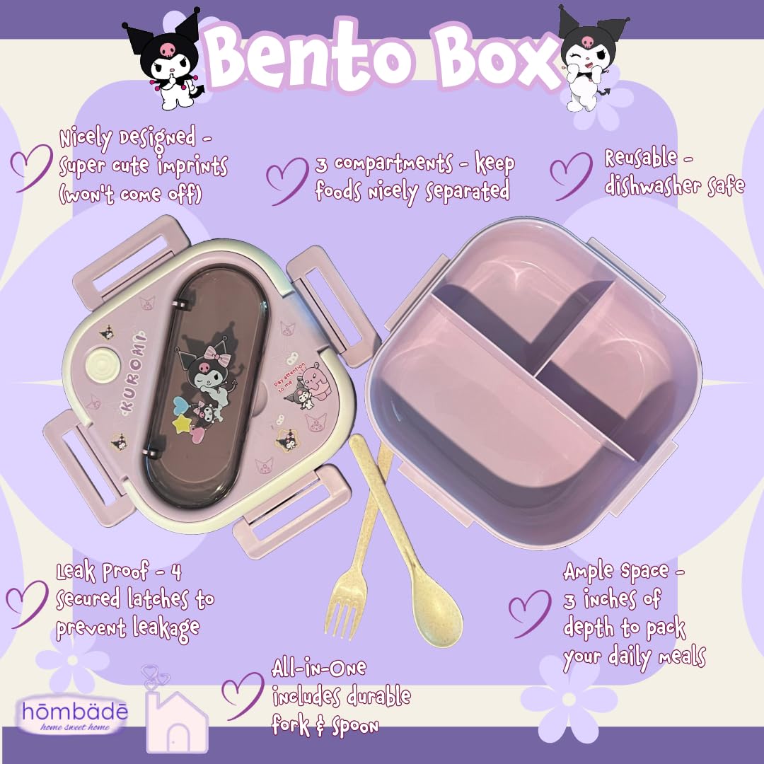 hombäde Bento Lunch Box Container Set with 3 Compartments Portable Personal Sealed Plastic Utensils Food Container Cute Kawaii Anime Kitty Bunny Dog (Purpleromi)