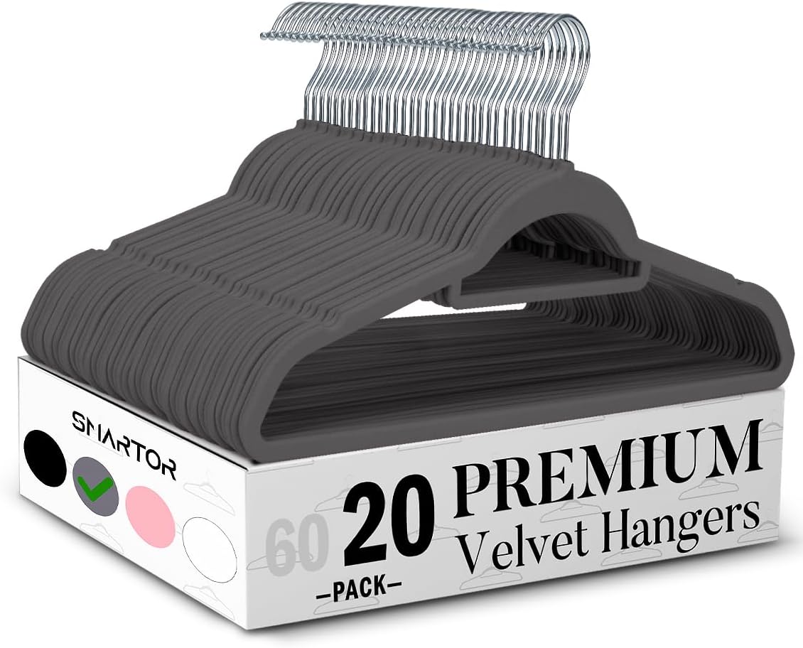 Smartor Velvet Hangers - Space-Saving Non-Slip Clothes Hangers with Tie Bar | 20-Pack in Grey