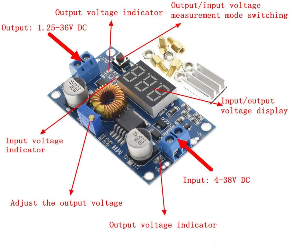 XL4015 5A 75W (1 Pack) Adjustable DC-DC Step Down Regulated Power Module with LED Voltmeter Digital Display Free