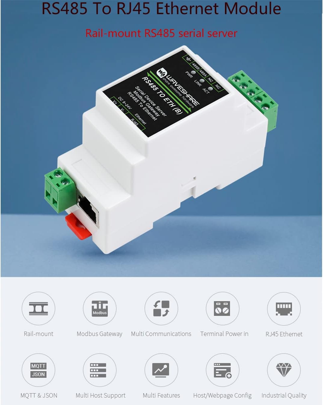 waveshare RS485 RJ45 Communication Ethernet Industrial Serial Server to Ethernet Module, TCP/IP to Serial, Support