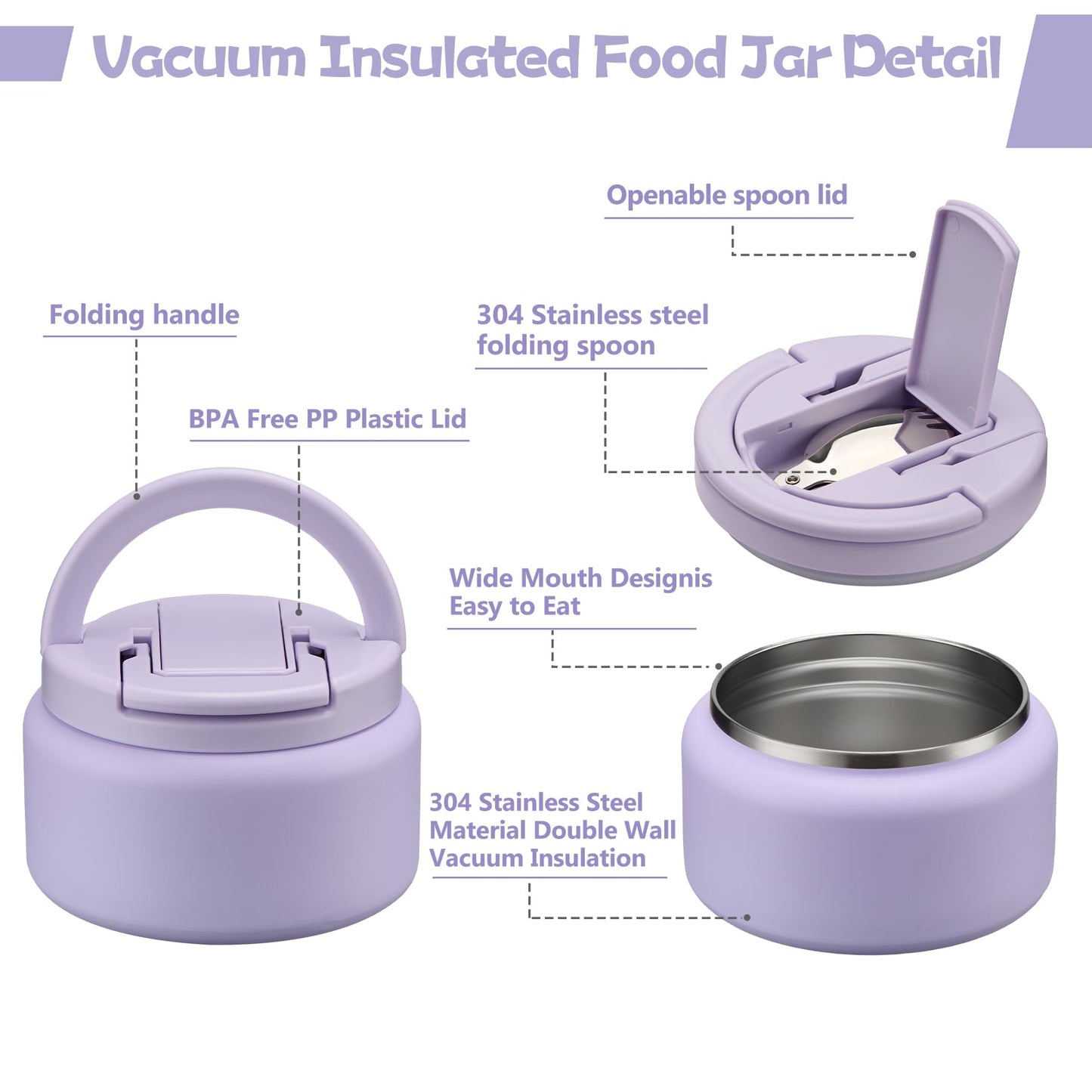 BABHAMNESS 13.5oz Soup Thermo for Hot Food Kids Insulated Vacuum Food Jar with Buckle Lid,Wide Mouth Leakproof Stainless Steel Lunch Container with Spoon-Purple