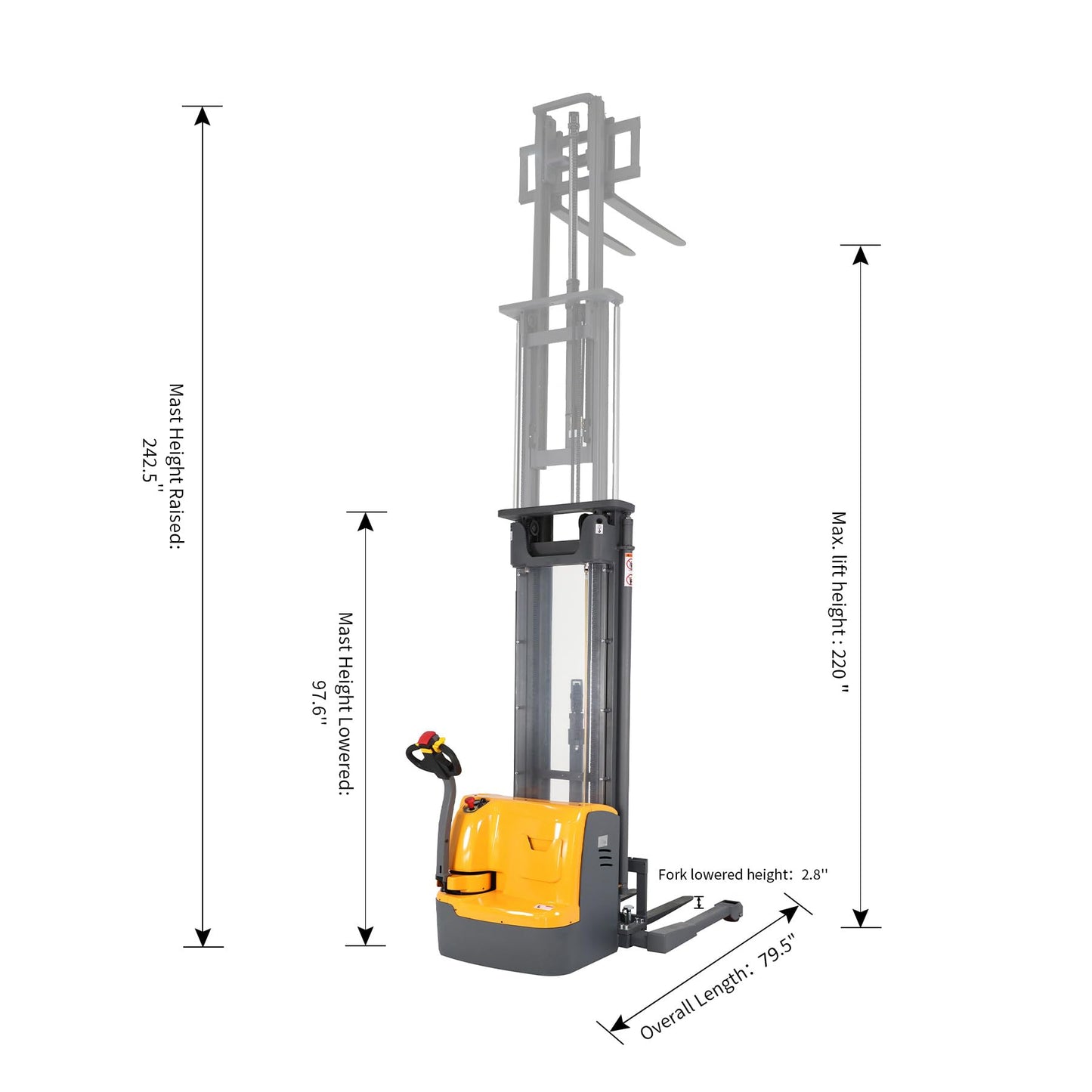 APOLLO Full Electric Pallet Stacker Powered Straddle Forklift with Straddle Legs 3300lbs Capacity 220''Lifting Height with Adjustable Forks Material Lifter