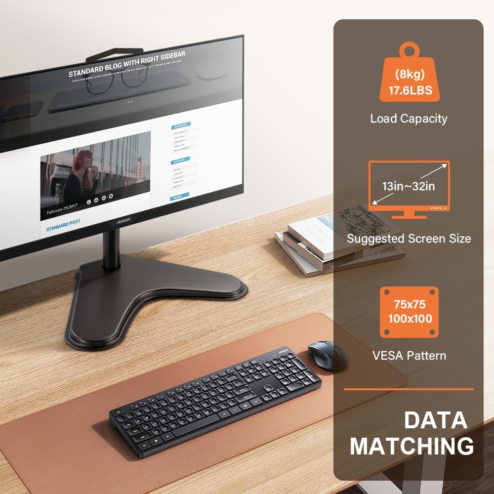 13 inch 32 inch 75*75mm/100*100mm 17.6Lbs KKTONER Single Computer Monitor Stand Metal Base Free Standing Desk Vesa