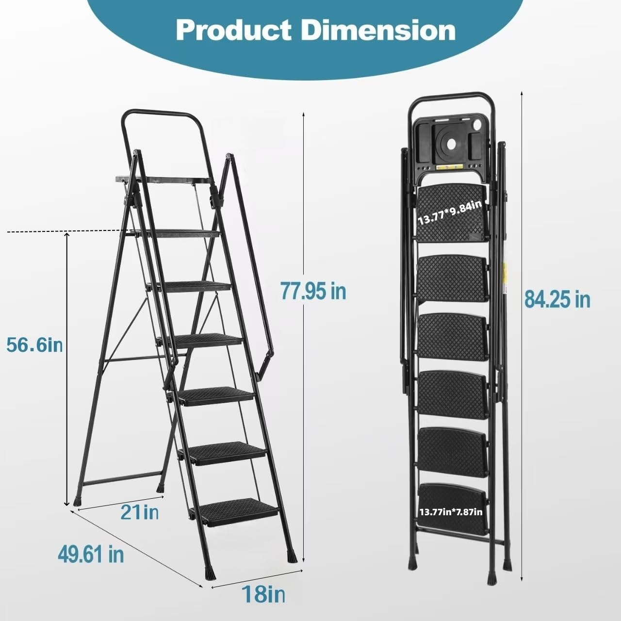 KEIKI 6 Step Ladder, 6FT Tall Step Tool Ladders Foldable with Handrails & Tray, Folding Iron Stool Stepladder for Home Kitchen, Outdoor Sturdy Non-Slip Wide Pedals Load-Bearing 330 lbs, Black