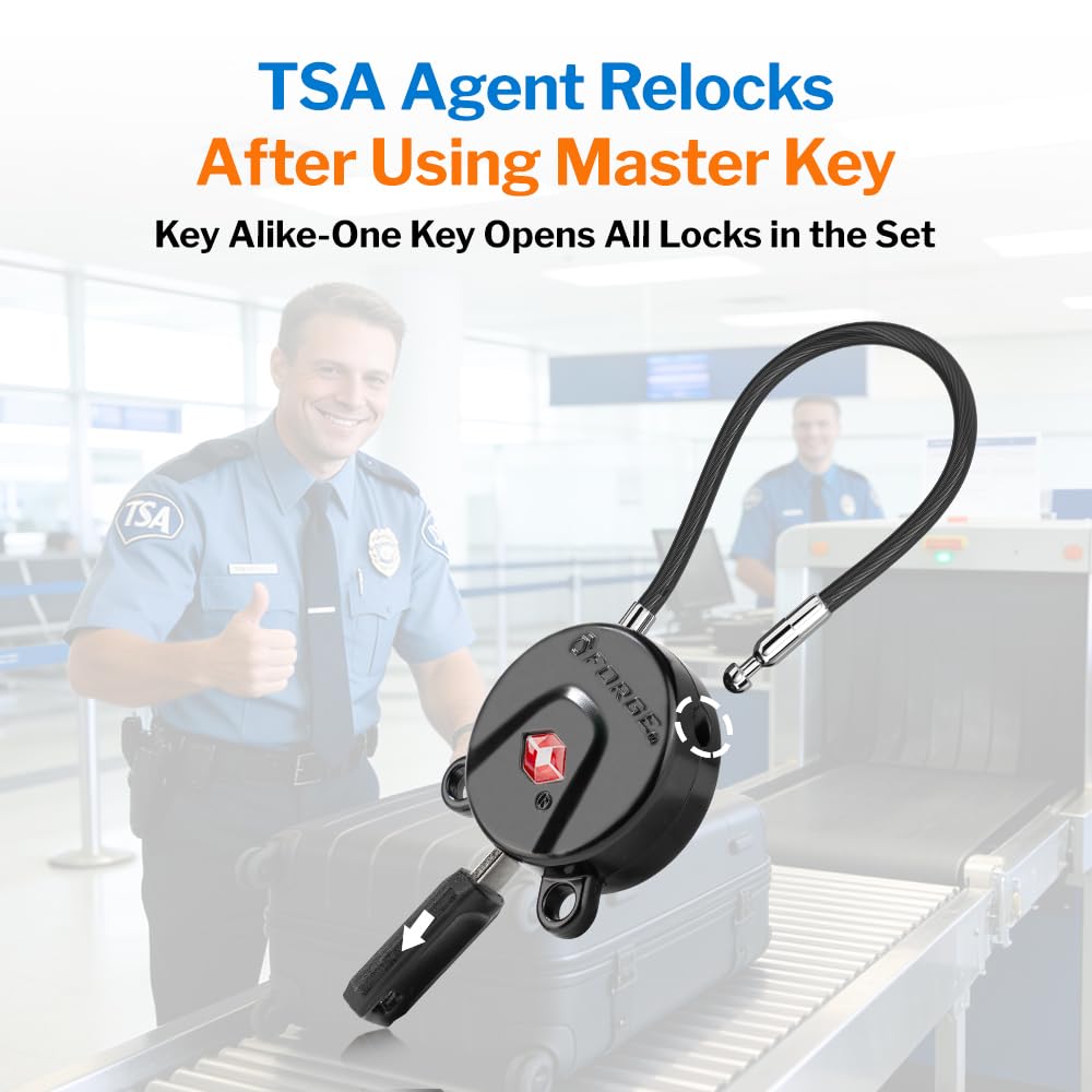 FORGE TSA Approved Luggage Locks Keyed Alike, TSA006 Dimple Key Travel Lock with Zinc Alloy Metal Body, Secure Cable Lock for Suitcase, Backpack, Luggage & Toolbox, Black 2 Pack.