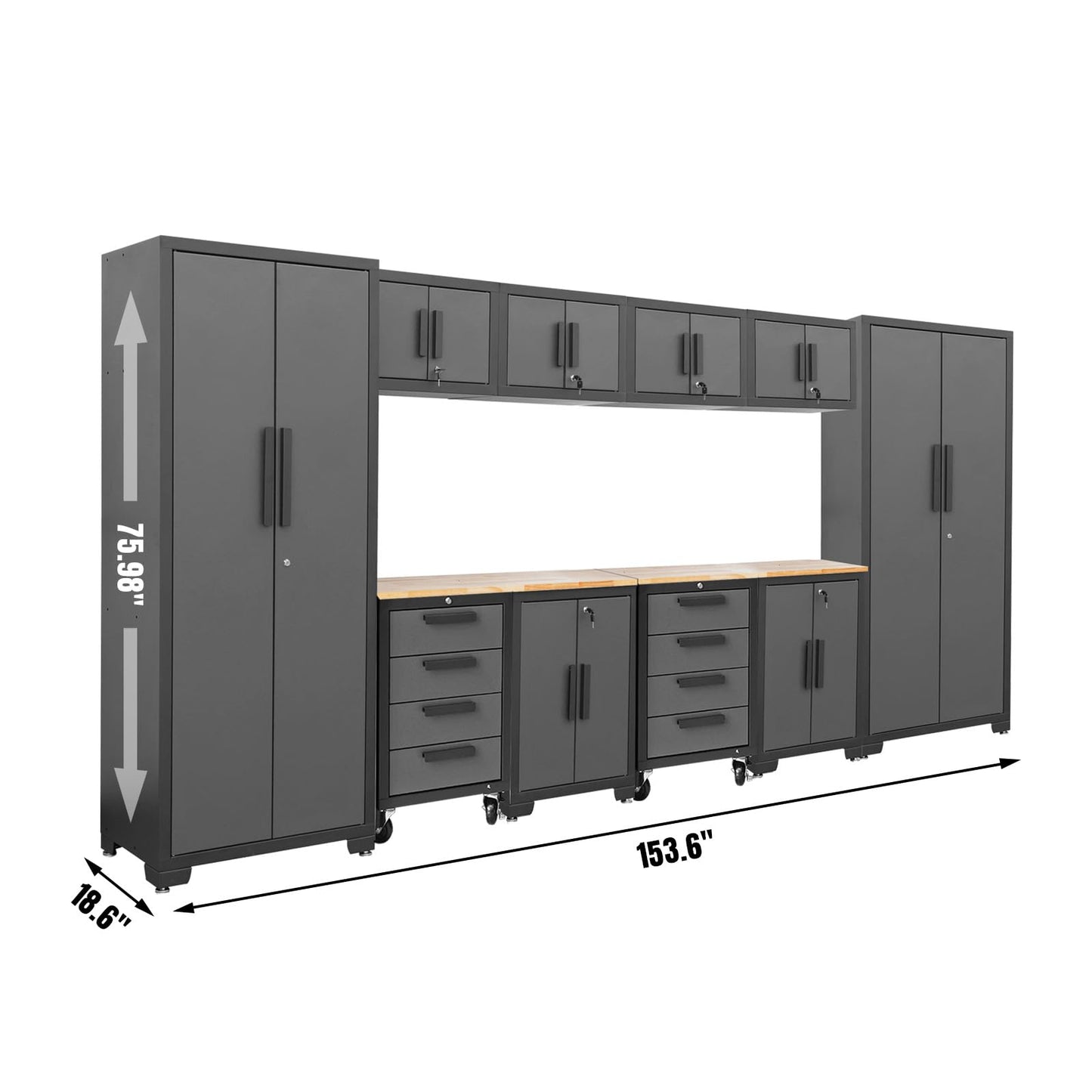 TCE Heavy Duty 12 Piece Garage Storage System: Metal Organization Workbench and 4-Drawers Rolling Cabinet, Black/Grey