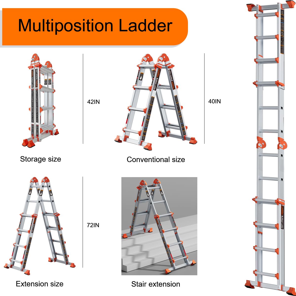 LANBITOU Ladder, A Frame 4 Step Ladder Extension, 14 FT Anti-Slip Multi Position & Storage Folding Ladder, 330 lbs Security Load Telescoping Aluminum Ladders for Stairs Home Indoor Outdoor Roof