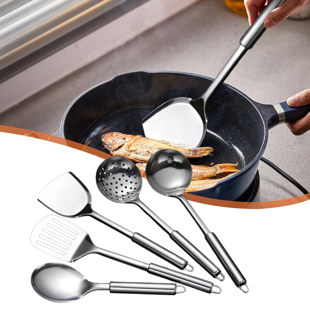 5 PCS Cooking Utensils Set Stainless Steel Kitchen Utensils Gadgets Resistant Cooking Tools Includes Slotted Spoon, Slotted Spatula, Large Spoon, Soup, Spatula(Sliver)