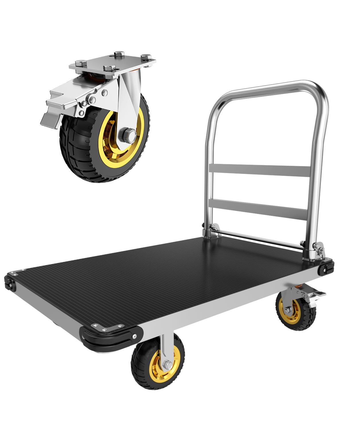44"x28" Heavy Duty Platform Truck 2500LBS Capacity | 2mm Steel Deck + 3mm Anti-Slip Mat | Foldable Handles & Reinforced Chassis | Industrial Flat Dolly Cart for Warehouses, Factories, Garages