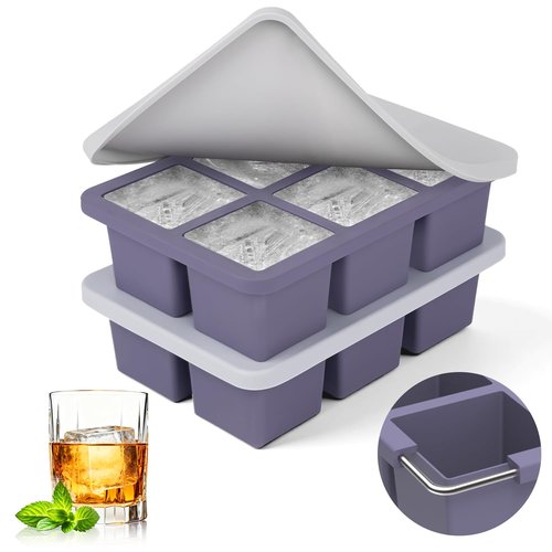 mossime Silicone Ice Cube Tray: 2pack Square Whiskey Large Ice Cube Molds - Old Fashioned Ice Cube Trays with Lid - 2inch Easy Release Big Freezer Mold for Cocktail Baby Food Soup & Juice