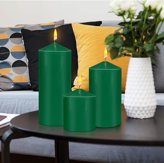 Pillar Candles 3 x 4, 6, and 8 inches, Large Handmade Candles Set of 3, Green Decorative Candles for Wedding, Home Decoration, Dinner, Church