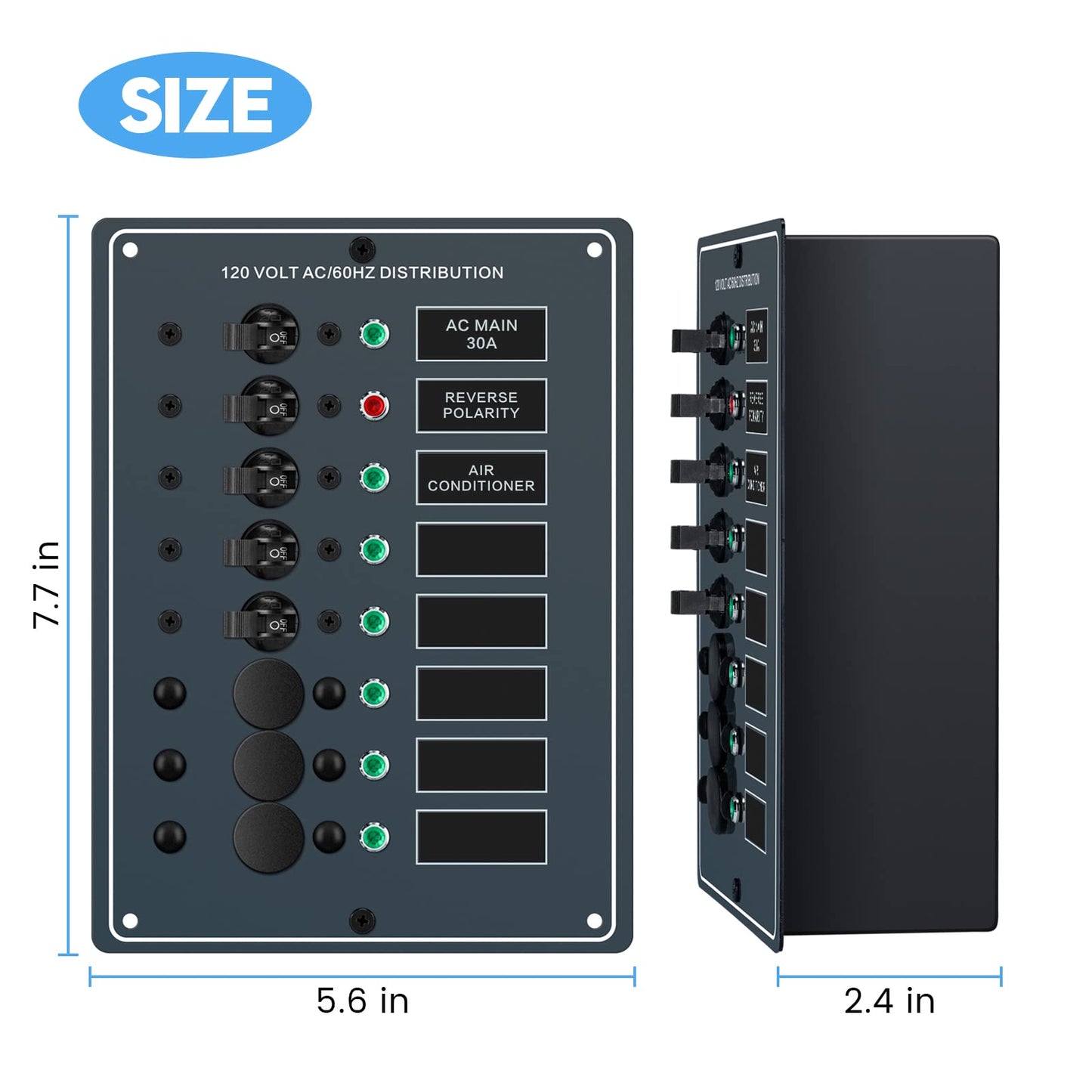 Haoguo AC Main 6 Positions Circuit Breaker Panel with Red Reverse Polarity LED Indicator, Included Free AC Isolation Back Cover, Pre-Wired, Ideal for Marine RV Yacht