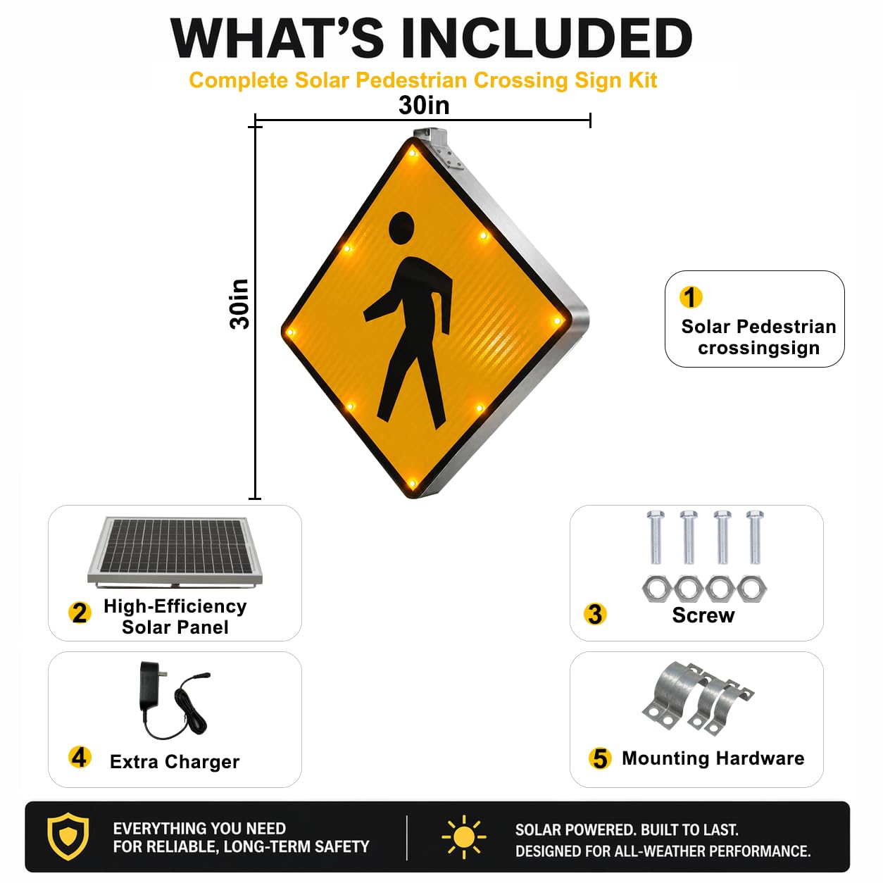 GAJTTR 30" Solar Powered LED Pedestrian Crossing Sign, High Visibility Flashing Crosswalk Sign with 8 Blinking LEDs, Engineer Grade Reflective Film, Heavy Duty Aluminum Metal Frame for Schools, Driveways & Communities (Yellow)