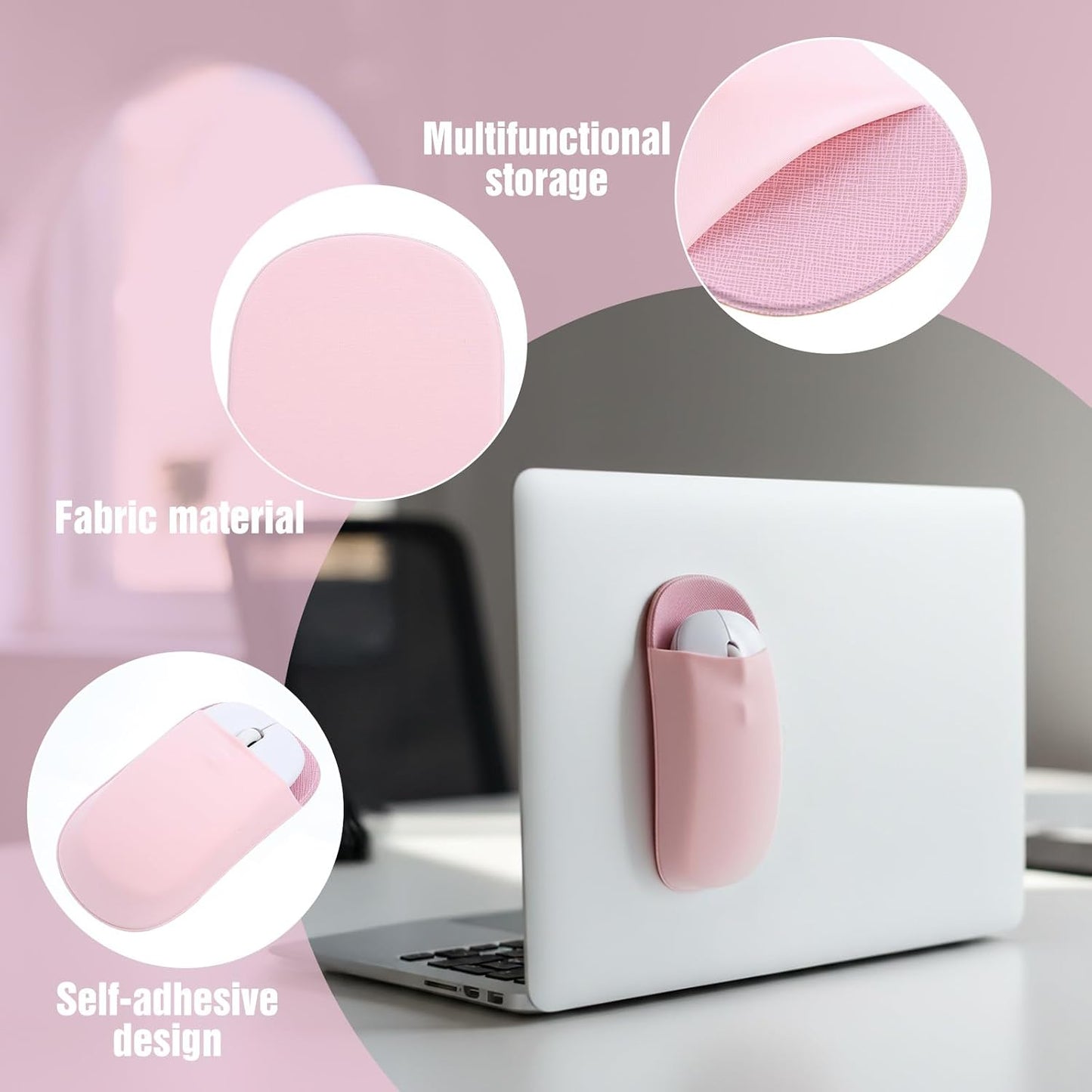 Shimmeroo Slim Mouse Holder for Laptop, Universal Wireless Mouse Sleeve Pouch for Laptop Stick on, Pink Adhesive