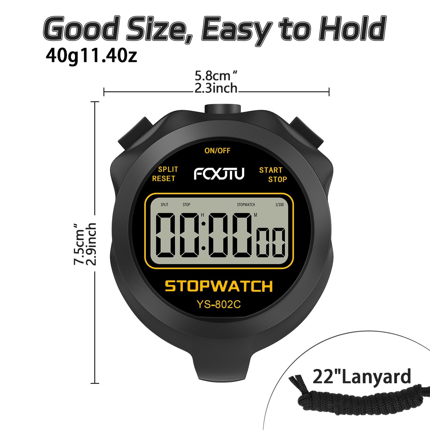 FCXJTU Simple Digital Sports Stopwatch Timer, No Bells, No Clock, No Alarm, Simple Basic Operation, Silent, ON/Off, Pure Stopwatch for Swimming Running Training Kids Coaches Referees Teachers (Black)