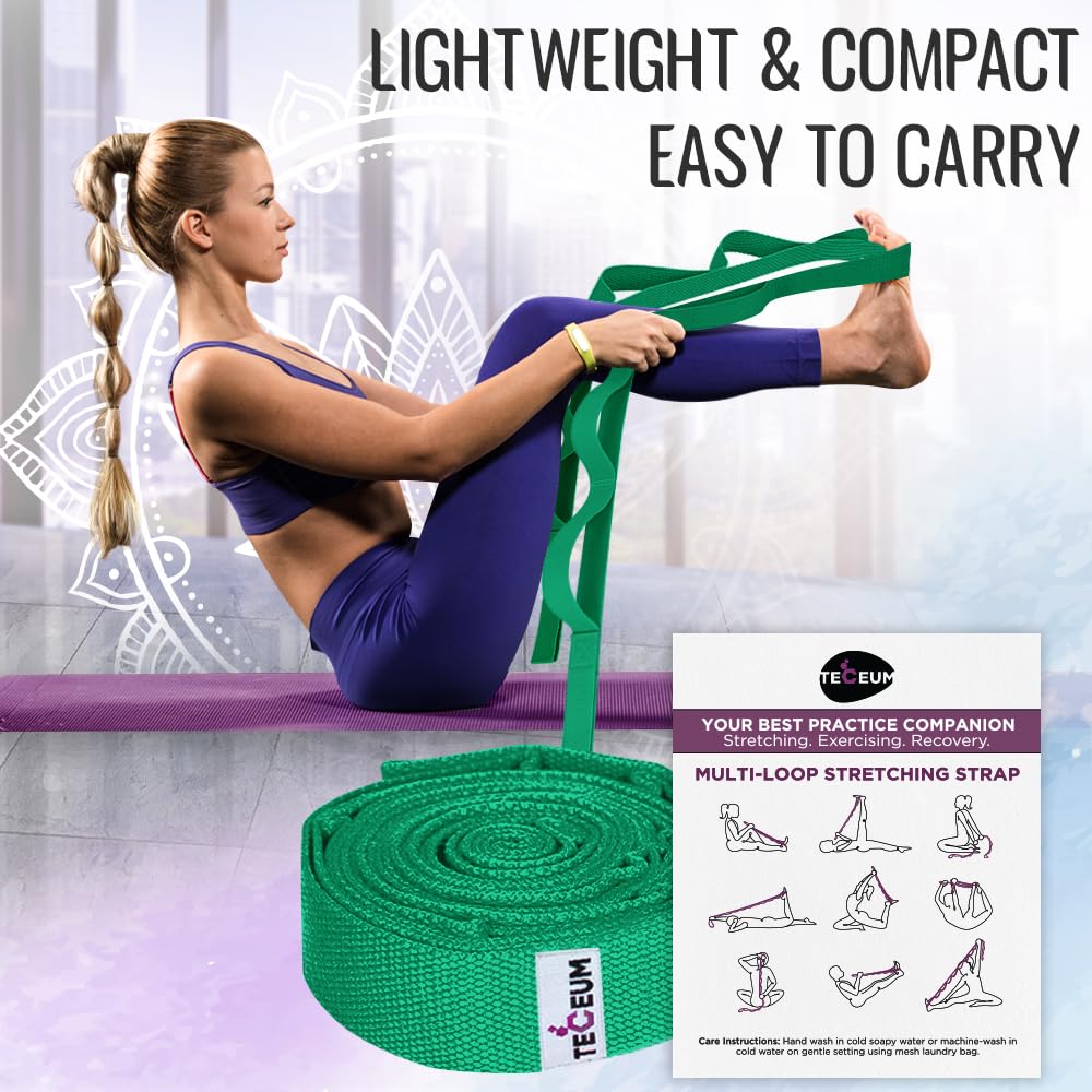 TECEUM Soft Cotton Stretching Strap for Sensitive Skin – Yoga Strap for Physical Therapy – 10 Loops Non-Elastic Stretch Band for Flexibility, Hamstring, Pilates & Rehab