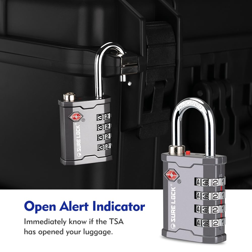 SURE LOCK TSA Accepted 4 Dig Heavy Duty Big Combination Luggage Padlock All Metal Travel Lock for Equipment Hard Case Luggage Gun Case Gym Locker Pelican Vault Lock (2, Grey)