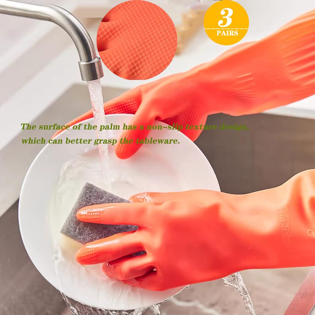 Vsootal 3 Pairs Household Extra Long Kitchen Gloves for Washing Dishes，20.05inches Rubber Cleaning Gloves，Reusable Latex Living Wash Gloves，Long Sleeves(Large, Red)