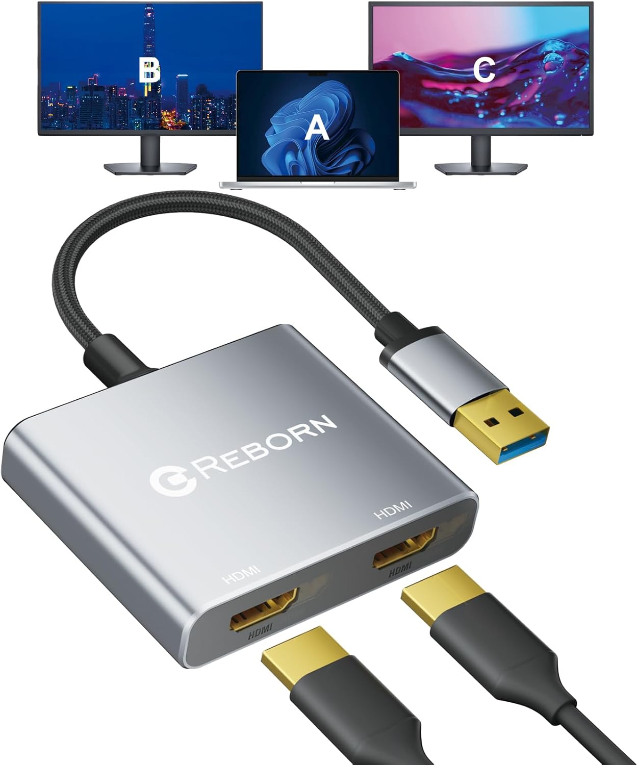 Reborn 1080P@60Hz 3.0 7/8/10/11 USB to HDMI Adapter, USB Male to Dual HDMI Female Multi-Display Cable Converter