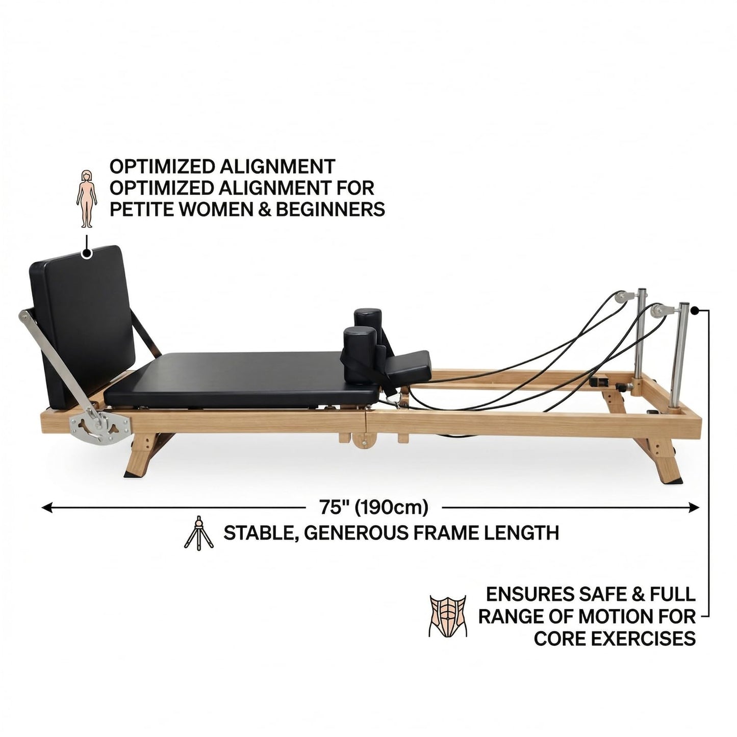 75" Foldable Pilates Reformer Machine for Home Use, Professional Stainless Steel with Wood-Grain Finish, Hybrid Resistance (Springs & Latex), Wellness Gift for Petite Women up to 5'9"
