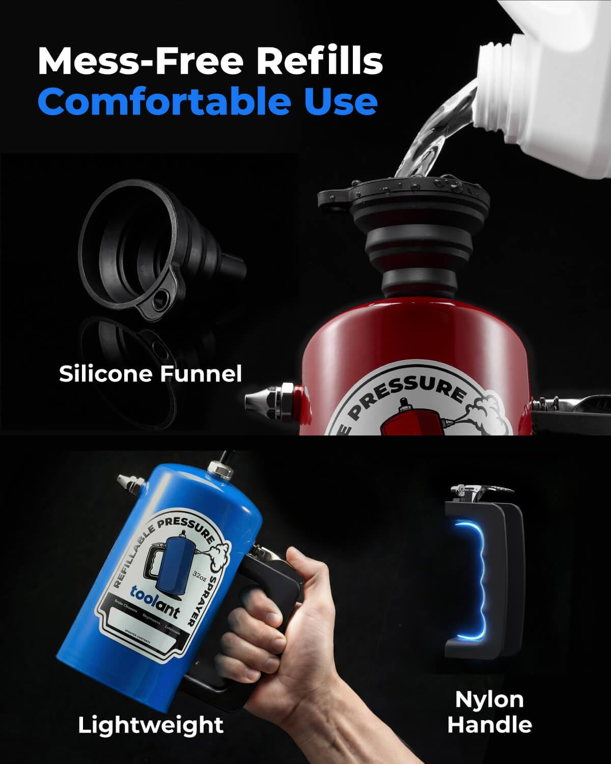 toolant 32 oz Refillable Pressurized Sprayer, Steel Canister, Rust-Resistant Lining, Needle Valve Leak-Resistant, 1.0/0.6 mm Nozzles, Funnel Included, 200 PSI Max, for Brake Cleaner & Solvents, 2 pcs