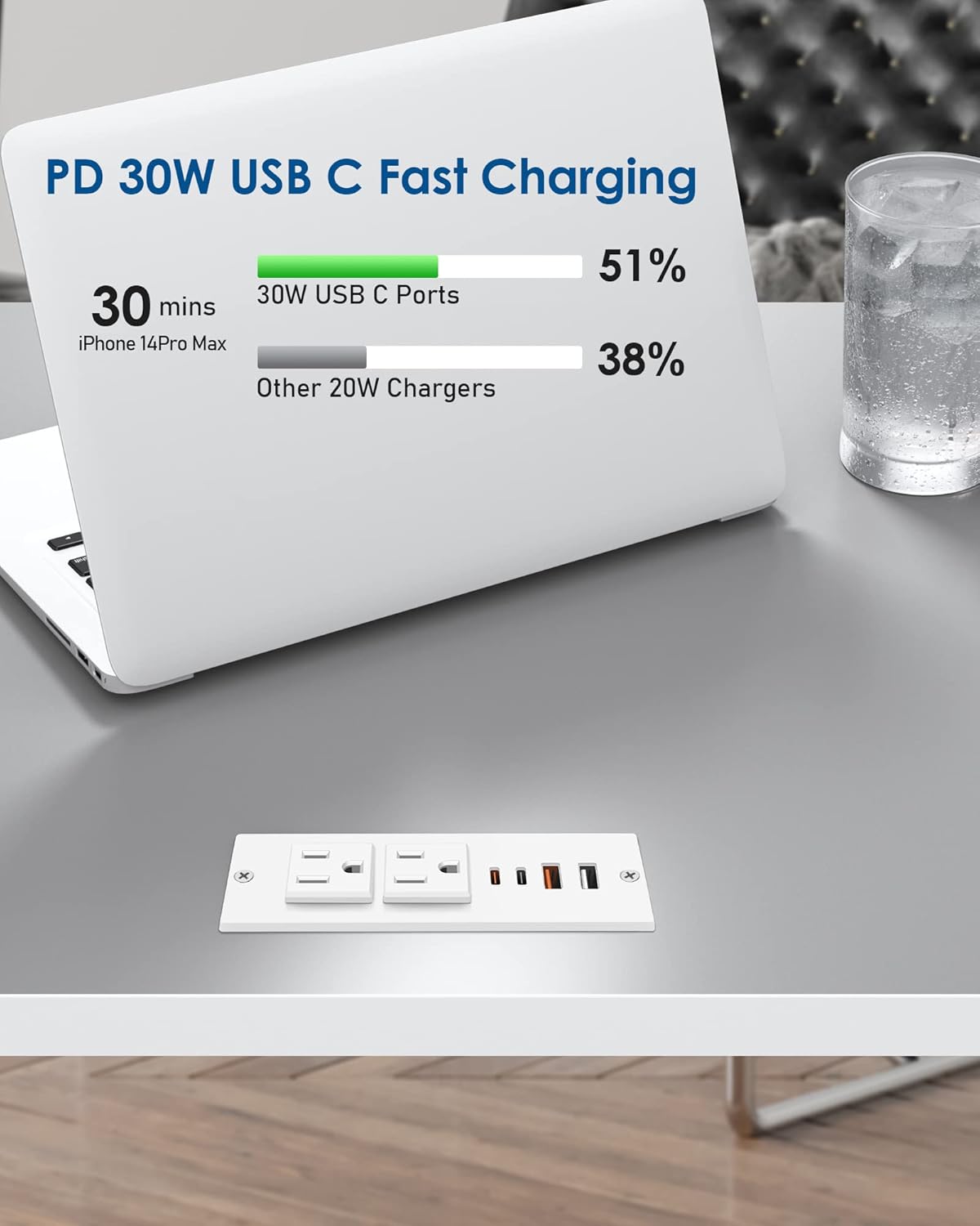 Jgstkcity 30W Strip,2 4 Table,6ft Recessed Power Strip with USB C,Ultra Thin Flat Plug Power Outlets USB