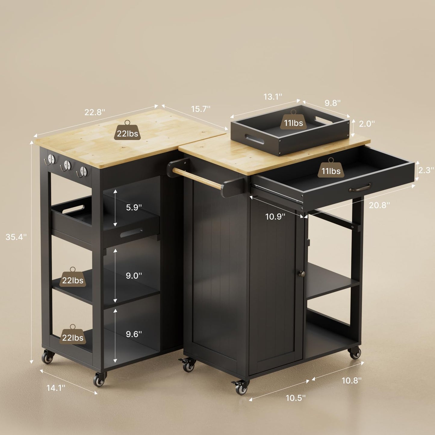 Gizoon Kitchen Island Cart with Solid Wood Top, Rolling Serving Utility Trolley Cart with Drawer, Cabinet, Towel Rack, Hooks and 3 Open Storage Shelves, Mobile Storage Cart for Dining Room, Bar, Black