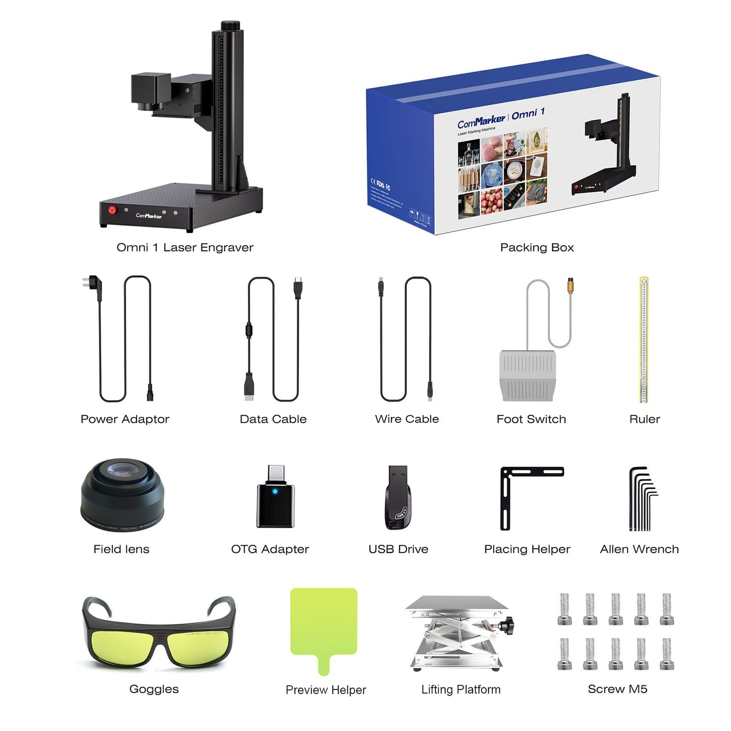 ComMarker Omni1 5W UV Engraving Machine with Electric Lifting 2 Optional Lenses, Support EZCAD and LightBurn Laser Engraver, Unlock All Material with UV Laser