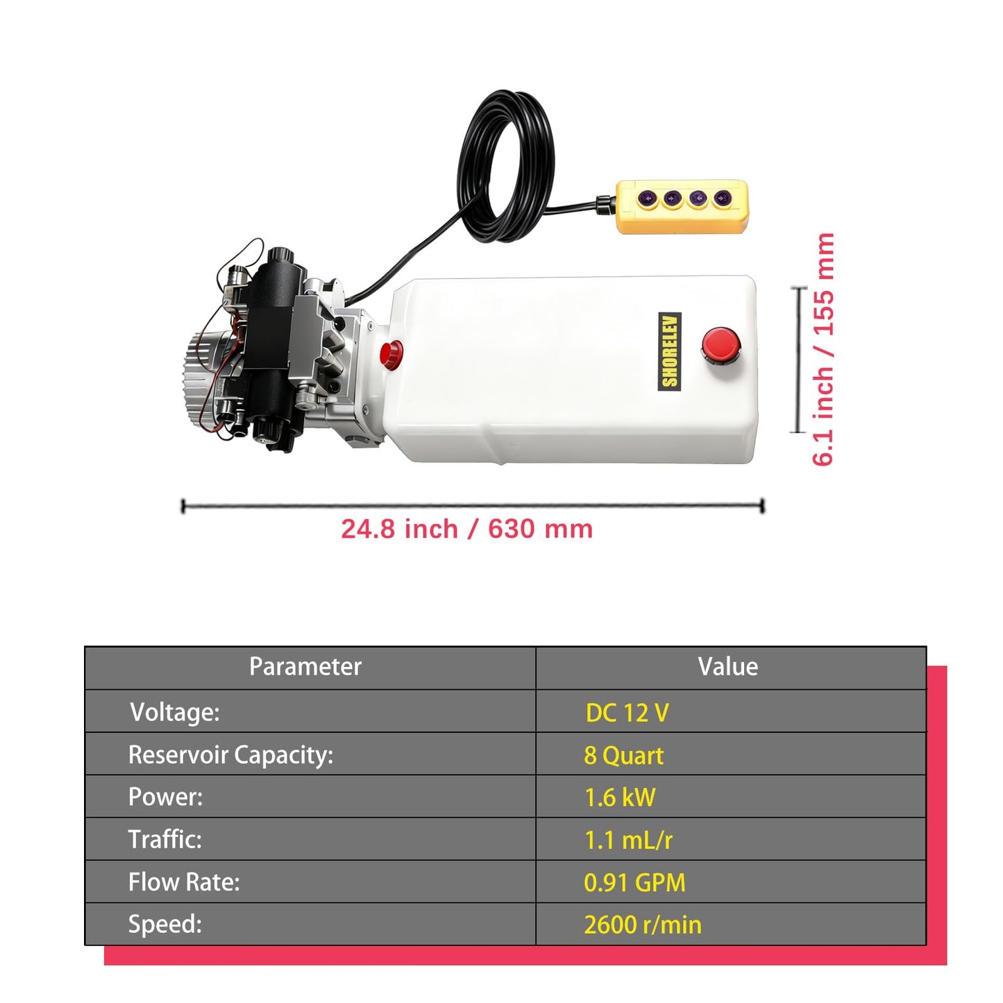 SHORELEV Hydraulic Motor Dump Trailer Pump, 12V DC Double Solenoid Double Acting Hydraulic Power Unit, 8L Plastic Reservoir, for Dump Trucks, Snow Plows, Tow Trucks, and Industrial Machinery