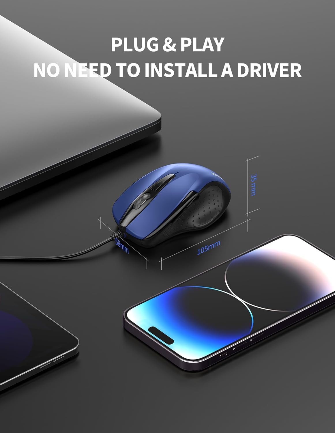 TECKNET 6-Button 4 5FT USB Wired Mouse, Corded Computer Mouse with Adjustable DPI, Optical Computer Mice with Ergonomic