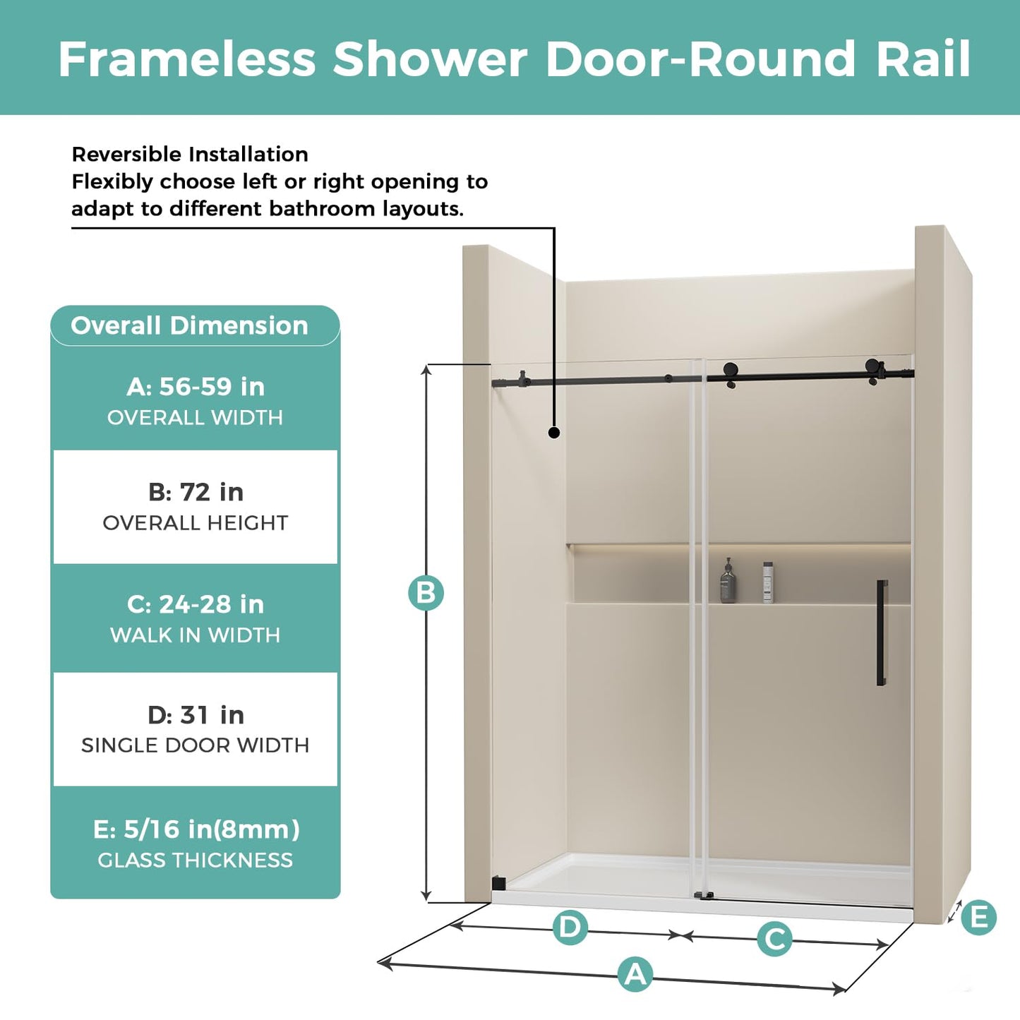 MORDEER Sliding Shower Door 56-60" W x 72" H, Frameless Glass Shower Door 5/16"(8mm) SGCC Tempered Clear Glass with Explosion-Proof Film, Shower Sliding Door with Stainless Steel Hardware, Matte Black